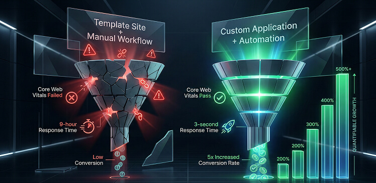 Conversion funnel diagram comparing manual website performance against automated web application ROI